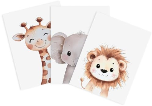 Godneei 3er Set Poster Kinderzimmer Safari Tiere für Jungen und Mädchen | Löwe, Elefant, Giraffe Bilder Babyzimmer Deko, Ungerahmte Leinwand Wandbilder, Bilder Kinderzimmer (30 x 40 cm)