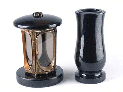 designgrab Runde Grablampe (messingfarben) mit Rosette & passender Granitvase – stilvolles 2er-Set – handgefertigt & wetterfest – Schwedisch – schwarz