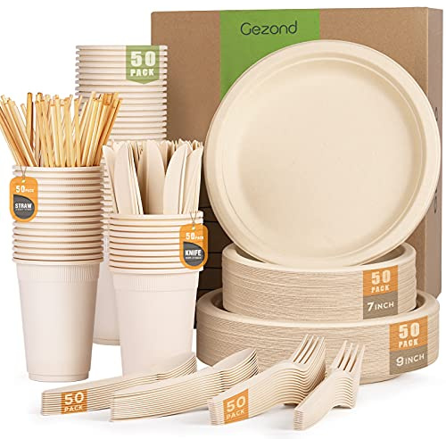 Gezond 350pcs Compostable Paper Plates Set Eco-friendly Heavy-duty Disposable Paper Plates Cutlery Includes Eco-friendly Plate, Forks, Knives, Spoons, Cups and Straws for Wedding Party, 50 Guests