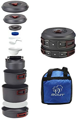 Bulin 13-teiliges Camping-Kochgeschirr-Set, antihaftbeschichtet, Backpacking-Kochset, Outdoor-Kochausrüstung für Familienwandern, Picknick, leichtes Kochgeschirr-Set (Wasserkocher, Töpfe, Bratpfanne,