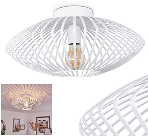 HOFSTEIN Deckenleuchte Wemude, runde Deckenlampe aus Metall in Weiß - 1-flammige E27-Fassung, spannender Lichteffekt Gitter-Optik, Retro-Leuchte für Esszimmer, Küche, Schlafzimmer, Durchmesser: 40 cm