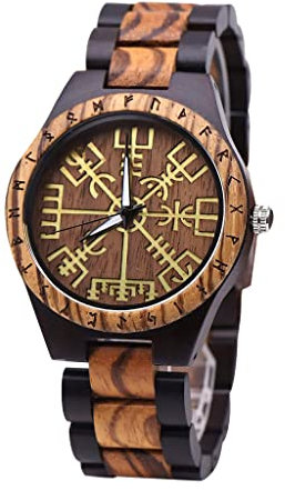 YCYR Herren Wikinger Bambus Holzuhr, Nordische Mythologie Rune Doppelte Farbabstimmung Vintage Handgemachte Quarzuhren Schmuck Geschenk mit Einstellbar Gurt,Vegvisir