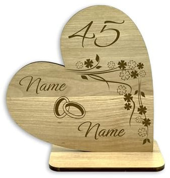 KS Laserdesign Deko Holz Herz -Messinghochzeit- Geschenke zum 45 jährigen Jubiläum der Hochzeit, personalisiert mit Namen, Hochzeitstag, Ehegeschenke, Frauen & Männer Jahrestag