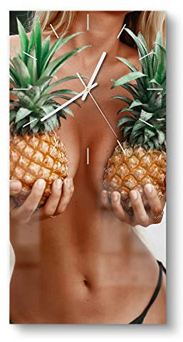 DEQORI Glasuhr | horizontal 30x60 cm | Motiv Ananas bedeckte Brüste | große XXL Design Uhr aus Glas | leise Wanduhr für Wohnzimmer & Küche | Moderne Hingucker Uhr für die Wand