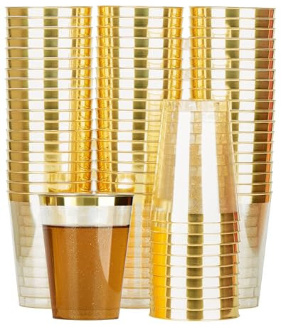 SOSALUK 50 Pcs Gobelets Plastiques Reutilisables Or Verre Plastique Doré 330ml Gobelet Paillettes Élégant pour Anniversaire Mariage Fête Cocktail
