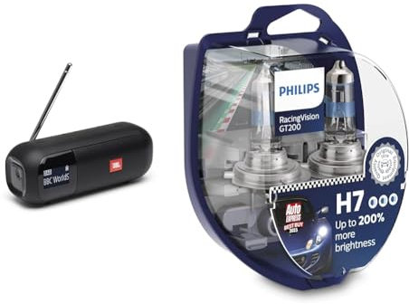 JBL Tuner 2 Radiorekorder in Schwarz – Tragbarer Bluetooth Lautsprecher mit MP3 & Philips Halogen RacingVision GT200 H7 Scheinwerferlampe +200%, Doppelset 12972RGTS2 Twin Box, Silber