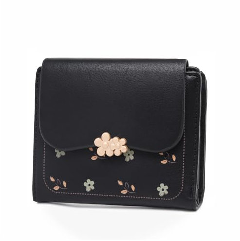 Yupneih Blumen Geldbörse Damen klein, Damen Portemonnaie klein für Frauen mit Großes Münzfach, Mini Portemonnaie Damen klein Zipper Brieftasche (Schwarz)