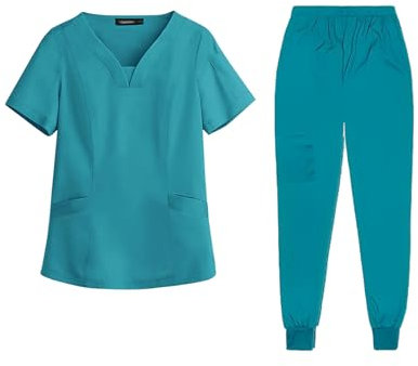 Meichoon Medical Scrubs Set Classic V-Ausschnitt Top mit Jogginghose mit Taschen Uniform Natural Skin Friendly DK06 Lake Blue Large