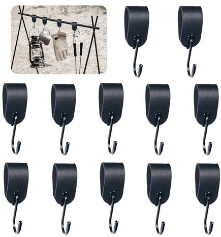 S Haken mit Lederschlaufe, 12 Stück, Schwarz Kleiderhaken, Garderobenhaken mit Lederschlaufe, Multifunktionale Metallhaken für Garderobe, Küche, Bad – zum Aufhängen von Kleidung und Accessoires