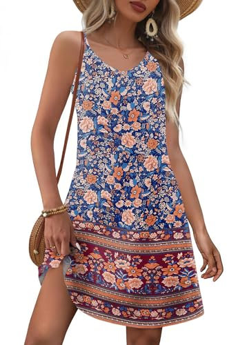 EIRUKON Robe D'été Femme sans Manches Col V Boheme Robe de Plage Chic et Elegant Mini Robes Fleurie Décontractée Bretelles Spaghetti Tunique Robes avec Poches,Bleu Orange,L
