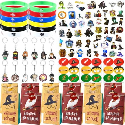 104pcs Party Mitgebsel Kindergeburtstag, Klein Geschenke Geburtstag Party Deko Geburtstagsdeko Spielzeug Set mit Geburtstagstüten DIY Aufkleber Schlüsselanhänger für Kinder Zubehör Gadget Give Aways