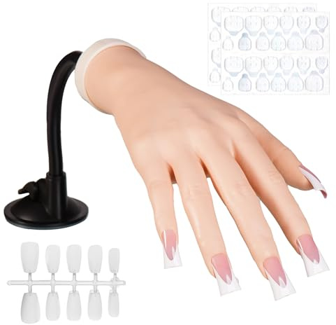 Naughtology Silicon Practice Hand for Acrylic Nails, Realistic Fake Hand with Stand, 40 Nail Tips and 48 Adhesive Tabs, Reusable & Flexible Mannequin Training Model for Manicure & Nail Art Practice