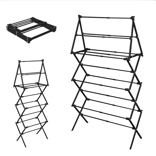LOFTEY 4 Tier Extendable Clothes Airer, Foldable Clothes Drying Rack, Black | Expands from 50 to 74 cm, 8.8 m Drying Space with Tower Top, Folds Flat for Easy Storage, Ideal for Indoor & Outdoor Use