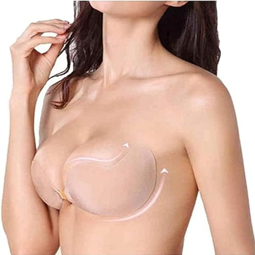 FLORATA Ladies Sexy Reusable Invisible Strapless Self Adhesive Push-up Bra Stick On Gel Backless Silicone Bras for Women, D, Mango Nude