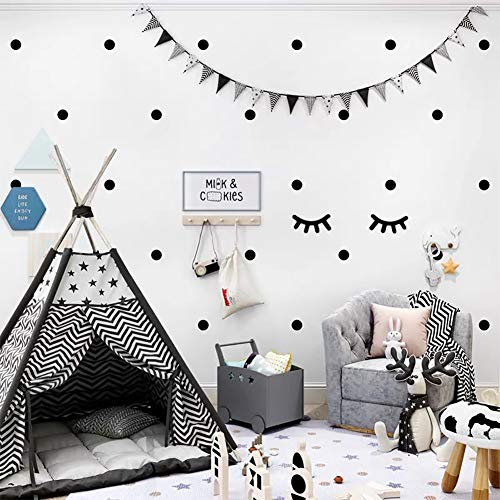 WandSticker4U®- 140x Wandtattoo Punkte + 2 Wimpern in SCHWARZ I Wandsticker Kinderzimmer Kreise Aufkleber Kinder I Wanddeko selbstklebend Dots für Wände und Möbel (E. Farbe: Schwarz)