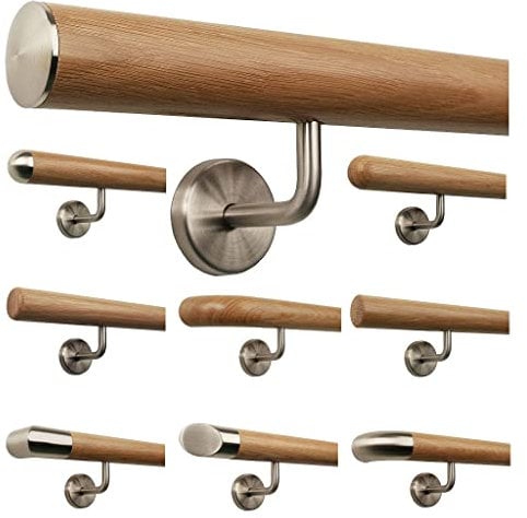 TIBU Eiche Holz Handlauf Geländer 0,3m - 6m, Länge 40 cm, Ende leicht gewölbte Edelstahlkappe und 2 gewinkelte Halter