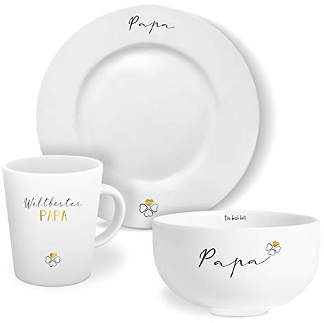 MINTKIND® Geschirr Set Weltbester Papa : Kaffeetasse mit Teller und Schale - in weiß mit Echtgold-Dekor - Tolle Geschenke für Papa von Tochter und Sohn