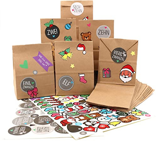 OWLBOOK® Adventskalender zum Befüllen | Adventskalender 2024 Tüten | Weihnachtskalender zum befüllen | 24 Papiertüten mit Aufkleber | Geschenktüten zu Weihnachten