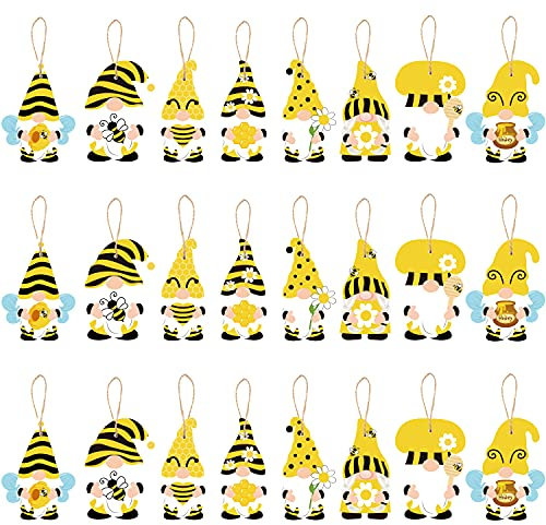 WATINC 25 Stück Bienenwichtel zum Aufhängen, Holzornament, gelber Honigbienen-Zwerg mit Hut, Holzanhänger für Geburtstagsparty-Dekoration, Sommertiere, Gastgeschenk, Zubehör