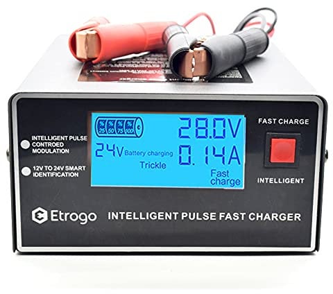 Etrogo Caricabatteria Auto 12V 24V 10A 250W Caricatore di Impulsi Intelligente con Funzione di Rilevamento Automatico Riparazione Manutenzione con Schermo LCD