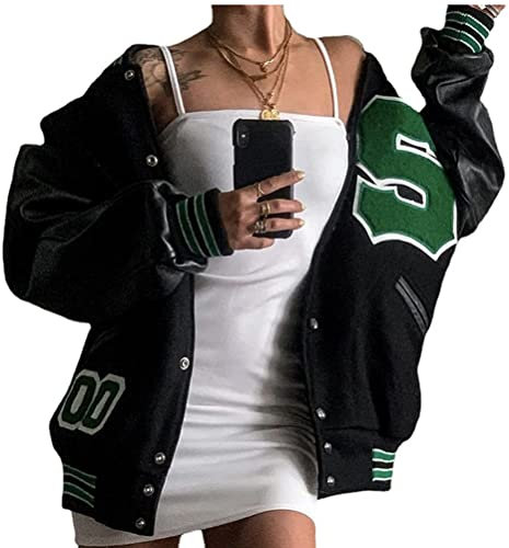 Onsoyours Blouson Bomber Femme Manches Longues Vintage Veste Bomber Casual Zipper Jacket College Poches Coupe-Vent Baseball Blouson Sweat Veste D Vert L