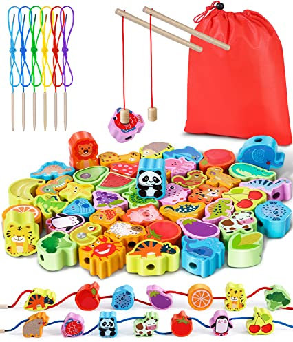 Jojoin 2 in 1 Fädelspiel Montessori Spielzeug - 46 Psc Magnetisches Angelspiel Spiele ab 2 3 Jahre - Obst GemüSe Tiere Holzspielzeug - Lernspiele Motorikspielzeug Ostern Geschenk für Kinder