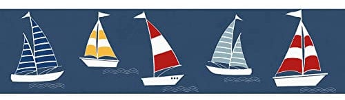 Kinder Tapete mit Segelboot als Bordüre selbstklebend | Tapetenbordüre für Kinderzimmer in Blau | Vlies Kindertapete maritim für Jungen und Mädchen