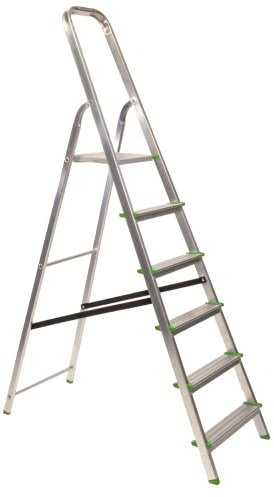 KEROPPA Escalera de Tijera Plegable Marca Española Escalera de Aluminio 6 peldaños con Gancho de Pared Multiusos Antideslizante Ligera y Resistente Escalera Doméstica Fácil Transporte