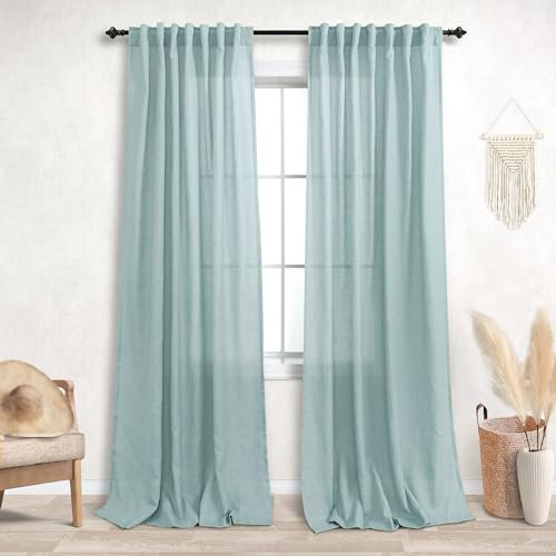 Seafoam Leinen-Vorhänge, für Küstenlandhaus, Wohnzimmer-Dekor, 2 Paneele, halbtransparent, lichtfilterend, mit Rücklasche, Meeresgrün, Vorhang für Schlafzimmer, 132 x 213 cm lang