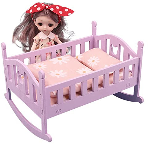 LICHENGTAI Puppenhaus Möbel aus Holz, 1:12 Miniatur Holz Puppenbett Puppenkrippe mit Puppe, Simulation Familienpuppen Spielset für Kinder Puppenhaus für Puppenhaus Dekoration Zubehör