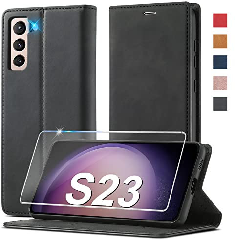 2023 Upgraded Handyhülle für Samsung Galaxy S23 Hülle Leder [Mit S23 Schutzfolie] für Samsung Galaxy S23 5G Hülle Klappbar Leder Flip Wallet Stoßfeste Case Schutzhülle Klapphülle für Samsung S23 Hülle