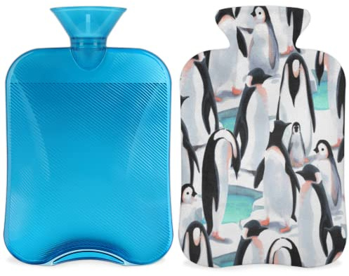Wärmflasche mit Bezug, 2 l, niedliche Pinguine, Wärmflasche, zur Erwärmung des Bettes, Schmerzlinderung, Aquarell-Tierdruck, Wärmflaschenhülle