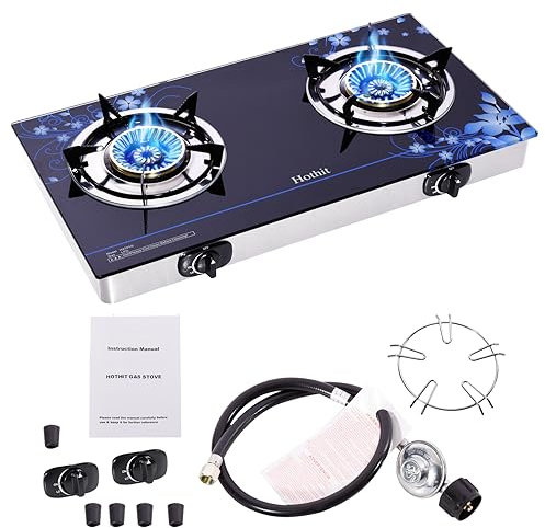Hothit Piano cottura a gas a 2 fuochi, stufa a propano da esterno 28600 BTU portatile da tavolo ad accensione automatica GPL in vetro temperato doppio per campeggio, barbecue da cortile, viaggi in