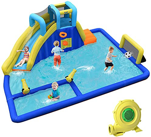 COSTWAY Castillo Hinchable Acuática, Castillo Inflable 6 en 1 con Rociador de Agua y Tobogán, Parque Acuático Inflable y Duradero para Uso Seco y Mojado, Bolsa de Rransporte (con Soplador)