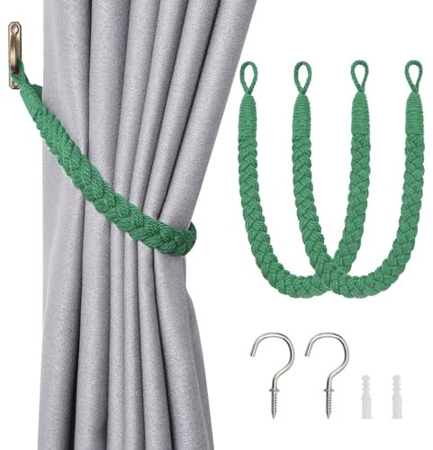 Pretty Jolly Vorhang Raffhalter aus natürlichem Baumwollseil, eleganter, dekorativer Vorhang-Raffhalter im Boho-Stil, weiche, handgewebte Seil-Vorhanghalter für Zuhause und Büro, Grün, 2 Stück