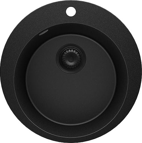 PRIMAGRAN Fregadero Cocina Circular Todo Negro 50x50cm, Fregadero Granito 1 Seno + Sifón + Tabla de cortar, sobre encimera al mueble 45cm - Pisa