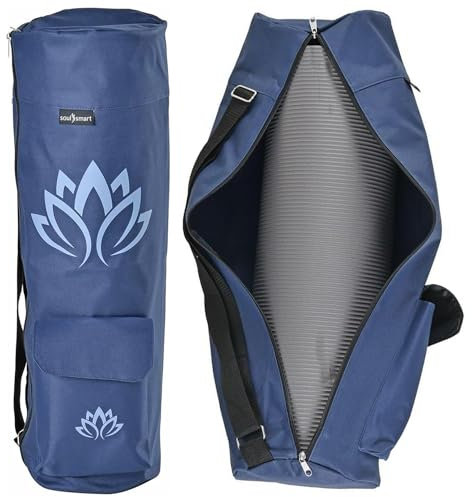 TJC Lotus Print Portable Yoga Mat Bag with Storage Pockets and Adjustable Shoulder Strap Yoga Mat Carry luggage Bag Made of 100% Polyester Durable Lightweight Side Washable Travel 70x20x1 Cm Navy Blue