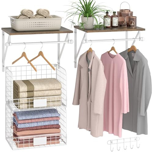 DAOUTIME 2 Set Laundry Room Shelves Wall Mounted With Wire Storage Baskets, Over Washer and Dryer With Hanging Rods and Hooks, for Laundry Organization and Storage, White, Wooden