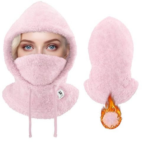 Qunature Cagoule Polaire Hiver Balaclava Thermique Coupe-Vent Capuche Épais Chaud Cordon Réglable Ski Vélo Moto Snowboard Trottinette Cache Col Visage Femme Homme M Rose