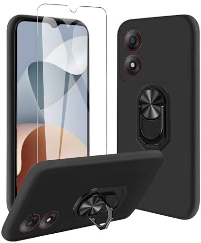 JDXHFF Cover Compatibile con ZTE Blade A34 (6.6) Nero e Staffa Girevole a 360° e Pellicola Protettiva in Vetro Temperato - Custodia Morbido Silicone Protettivo TPU Case Black