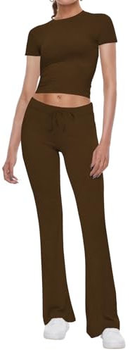 CNTSFS Damen Lounge Set Zweiteiler Y2K Skims kurzärmeligen Crop Top Schlaghose Yoga Trainingsanzug Outfit(Kaffee XL)