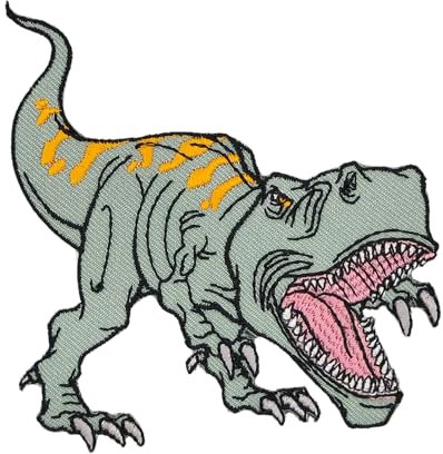 Dino Grün T-Rex Dinosaurier Aufnäher zum aufbügeln oder aufnähen Bügelbild Kinder Bügelpatch Aufbügler für Kleidung gestickter Bügelflicken Applikation Patch Größe 7,5 x 8,0 cm