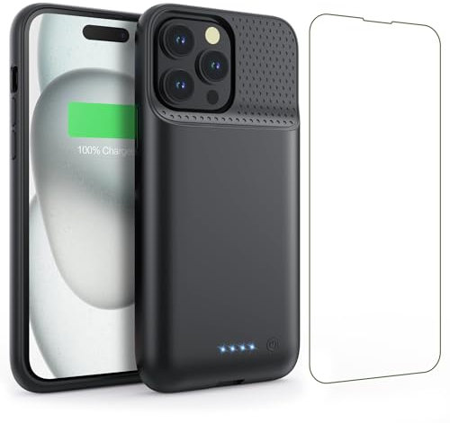 Feob Batteria per iPhone 15 Pro (6,1), 7500mAh 15W Cover Ricaricabile Battery Case Custodia Caricabatterie Power Bank Backup Charger Case-Nero