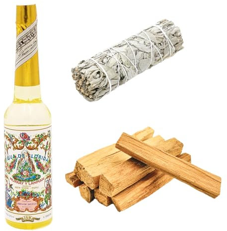 Aromasenses - 100 Gramos Palo Santo Sagrado De Perú + 1 Agua Florida 270 ml + 1 Atado Salvia Blanca - 100% Natural Ecologico - Limpiador de Energías (100 Gramos + 1 Florida + 1 Atados Salvia Blanca)