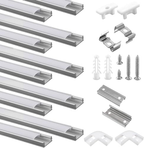 Efishine 10 Pack LED Profile Aluminium 10 x 1 m, U-Shape Aluminium Profile with Milky Cover for LED Strips, End Caps and Mounting Bracket for LED Strips, Very Easy Installation