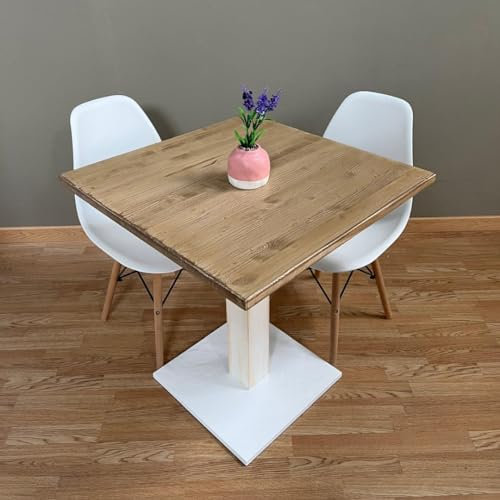 SERVAL - Bistrotisch quadratisch aus Holz mit zentralem Fuß (weißer Fuß, Platte Havanna 70 x 70 cm)