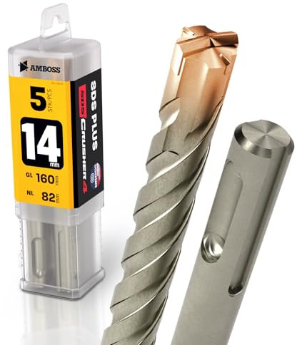 SDS Plus Hammer Drill Bit 4 x Cutting PGM Diameter 14.0 mm x 82 mm - Amboss Werkzeuge SDS Crusher 4 - HM Concrete Drill Carbide Professional Drill Bit 14.0 mm x 82 - Masonry Drill Reinforced Concrete