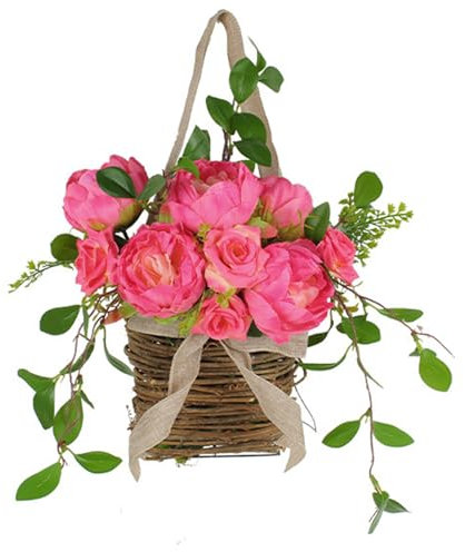 MEAKTSMI Rose Flowers Front Door Baskets Wreath Spring Front Door Hangers Simulations Bucket Wreath Decorations