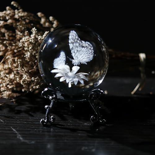 vskikris 60mm Kristall Kugel 3D Laser Schmetterling Figur - Glas Briefbeschwerer & Dekorative Kugel mit Ständer - Glaskugel Ornamente für Zuhause & Büro Dekor, Geschenke für Frauen Mädchen Frau