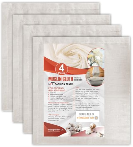 FT Fashion Track Musselin-Tücher zum Kochen, Passiertuch, 4 Stück Käsetuch zum Backen und Filtern, 50 x 50 cm, Güteklasse 90, fusselfrei, 100% ungebleichte Baumwolle, wiederverwendbares Passiertuch